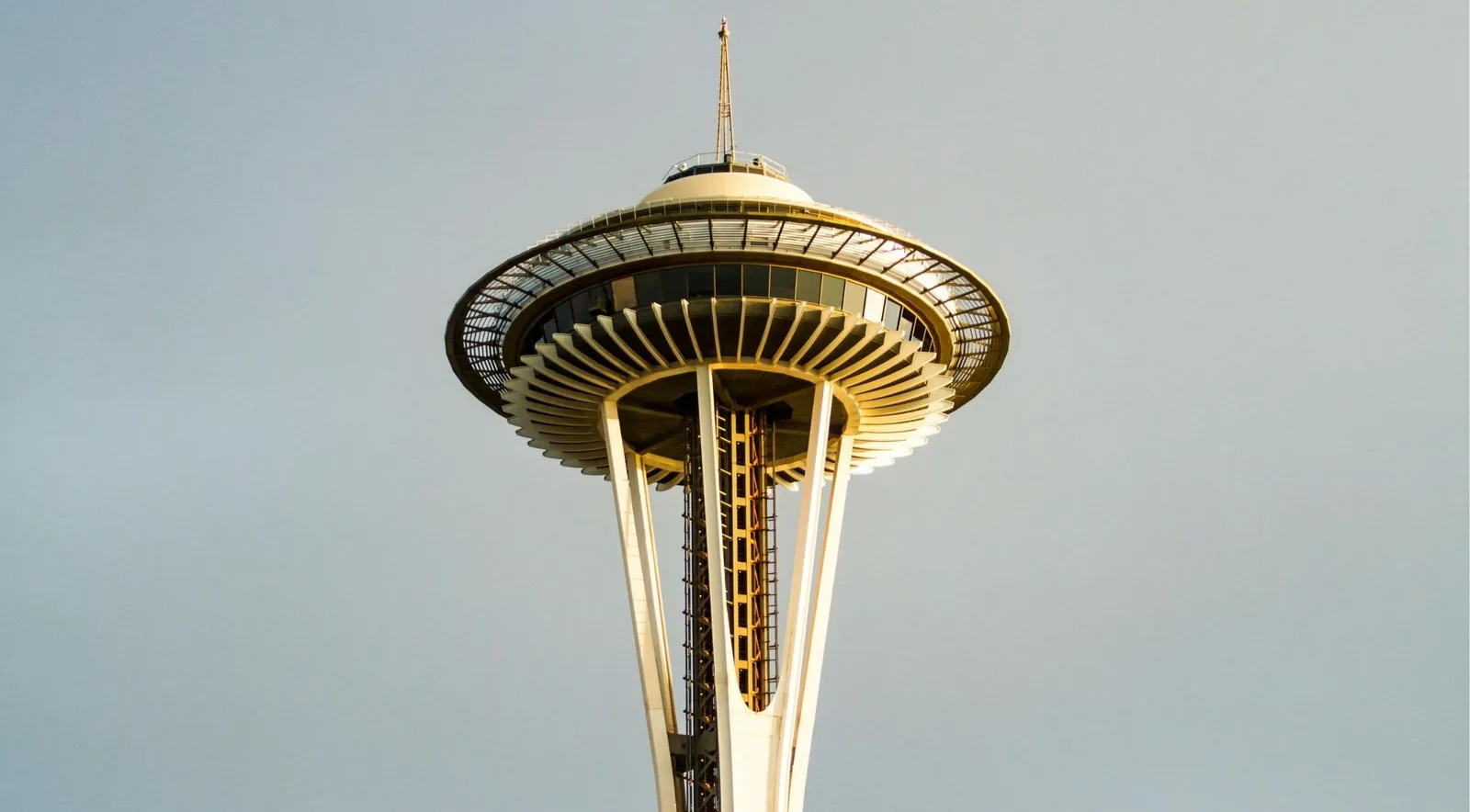 Close-up of the Space Needle's observation deck in golden light